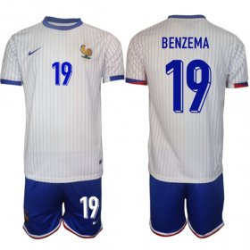 Cheap Men\'s France #19 Karim Benzema White 2024-25 Away Soccer Jersey Suit