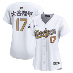 Women\'s Los Angeles Dodgers #17 Shohei Ohtani White 2025 Gold Collection Limited Stitched Baseball Jersey(Run Small) Cheap