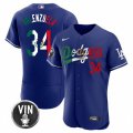 Cheap Men's Los Angeles Dodgers #34 Fernando Valenzuela Royal Mexico Special Vin Scully Patch Flex Base Stitched Baseball Jersey
