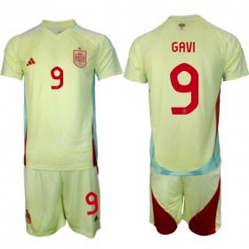 Men\'s Spain Team #9 Gavi 2024-25 Yellow Away Soccer Jersey Suit