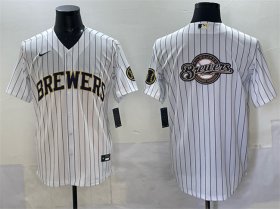 Men\'s Milwaukee Brewers Team Big Logo White Pinstripe 2025 With Patch Stitched Baseball Jersey Cheap Wholesale