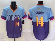 Cheap Men's Colorado Rockies #14 Ezequiel Tovar Purple Light Blue 2025 City Connect Limited Stitched Baseball Jersey