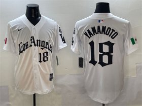 Cheap Men\'s Los Angeles Dodgers #18 Yoshinobu Yamamoto White Mexico 2025 LA Gothic Style With Fernando Patch Vapor Premier Limited Stitched Baseball Jersey