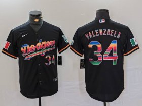 Cheap Men\'s Los Angeles Dodgers #34 Fernando Valenzuela Black Rainbow Mexico Cool Base Stitched Jersey