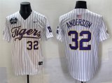 Cheap Men's LSU Tigers #32 Kade Anderson White Pinstripe 2025 World Series & SEC Patch Stitched Baseball Jersey