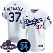 Cheap Men's Los Angeles Dodgers #37 Teoscar Hernandez White 2024 World Series Champions With Fernando Memorial Patch Vapor Premier Home Limited Stitched Baseball Jersey