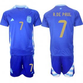 Cheap Men\'s Argentina #7 Rodrigo Javier De Paul Blue 2024-25 Away SoccerJersey Suit