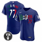 Cheap Men's Los Angeles Dodgers #77 Pezo Pluma Royal Mexico Special Vin Scully Patch Flex Base Stitched Baseball Jersey