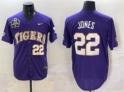 Cheap Men's LSU Tigers #22 Jared Jones Purple 2025 World Series & SEC Patch Stitched Baseball Jersey