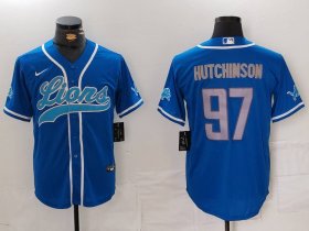 Men\'s Detroit Lions #97 Aidan Hutchinson Blue Cool Base Stitched Baseball Jersey