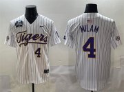 Cheap Men's LSU Tigers #4 Steven Milam White Pinstripe 2025 World Series & SEC Patch Stitched Baseball Jersey