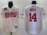 Cheap Men's Arkansas Razorbacks #14 Gage Wood White Pinstripe 2025 World Series & SEC Patch Stitched Jersey