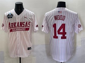 Cheap Men\'s Arkansas Razorbacks #14 Gage Wood White Pinstripe 2025 World Series & SEC Patch Stitched Jersey