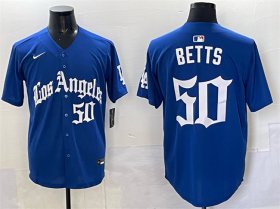 Men\'s Los Angeles Dodgers #50 Mookie Betts Blue 2025 LA Gothic Style With Fernando Patch Vapor Premier Limited Stitched Baseball Jersey Cheap Wholesale