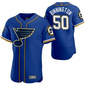 Wholesale Cheap St. Louis Blues #50 Jordan Binnington Men\'s 2020 NHL x MLB Crossover Edition Baseball Jersey Blue