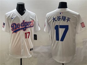 Cheap Men\'s Los Angeles Dodgers #17 Shohei Ohtani White With American Flag Patch Limited Stitched Baseball Jersey