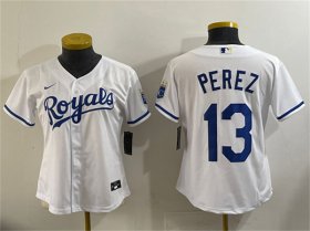 Cheap Women\'s Kansas City Royals #13 Salvador Perez White Cool Base Stitched Jersey(Run Small)