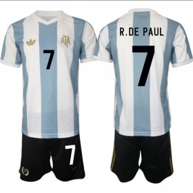 Men\'s Argentina #7 Rodrigo Javier De Paul White Blue 2024-25 50th Anniversary Home Soccer Jersey Suit Cheap