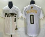 Cheap Men's Indiana Pacers #0 Tyrese Haliburton White Gold 2025 Finals Vapor Stitched Baseball Jersey