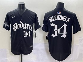 Men\'s Los Angeles Dodgers #34 Fernando Valenzuela Black 2025 LA Gothic Style With 2024 World Series Champions Patch Vapor Premier Limited Stitched Baseball Jersey