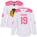 Wholesale Cheap Adidas Blackhawks #19 Jonathan Toews White/Pink Authentic Fashion Women's Stitched NHL Jersey