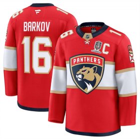 Men\'s Florida Panthers #16 Aleksander Barkov Red Home 2025 Stanley Cup Champions & C Patch Stitched Hockey Jersey