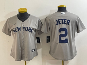 Cheap Women\'s New York Yankees #2 Derek Jeter Name 2021 Grey Field of Dreams Cool Base Stitched Jersey
