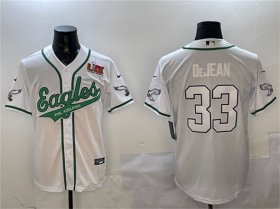 Cheap Men\'s Philadelphia Eagles #33 Cooper DeJean White 2025 Super Bowl LIX Patch Cool Base Stitched Baseball Jersey