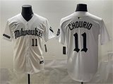 Cheap Men's Milwaukee Brewers #11 Jackson Chourio White 'Gothic 414 Shadows Edition' Vapor Premier Limited Stitched Jersey