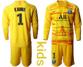 Wholesale Cheap Paris Saint Germain #1 K.Navas Yellow Goalkeeper Long Sleeves Kid Soccer Club Jersey
