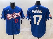 Cheap Men's Los Angeles Dodgers #17 Shohei Ohtani Royal With American Flag Patch Limited Stitched Baseball Jersey