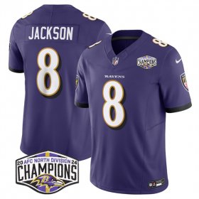 Cheap Men\'s Baltimore Ravens #8 Lamar Jackson Purple F.U.S.E 2024 AFC North Division Champions Vapor Limited Football Jersey