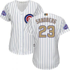 Wholesale Cheap Cubs #23 Ryne Sandberg White(Blue Strip) 2017 Gold Program Cool Base Women\'s Stitched MLB Jersey