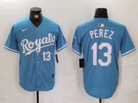 Men\'s Kansas City Royals #13 Salvador Perez Number Light Blue Cool Base Stitched Jersey