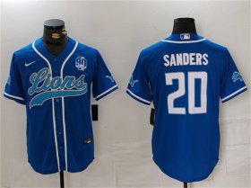 Cheap Men\'s Detroit Lions #20 Barry Sanders Blue With 90th Anniversary Patch Cool Base Stitched Baseball Jersey