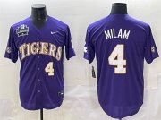 Cheap Men's LSU Tigers #4 Steven Milam Purple 2025 World Series & SEC Patch Stitched Baseball Jersey