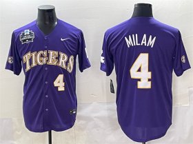 Cheap Men\'s LSU Tigers #4 Steven Milam Purple 2025 World Series & SEC Patch Stitched Baseball Jersey