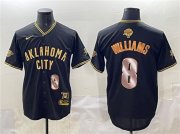 Cheap Men's Oklahoma City Thunder #8 Jalen Williams Black Gold 2025 Finals Vapor Stitched Baseball Jersey