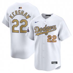 Men\'s Los Angeles Dodgers #22 Clayton Kershaw White 2025 Gold Collection Limited Stitched Baseball Jersey Cheap