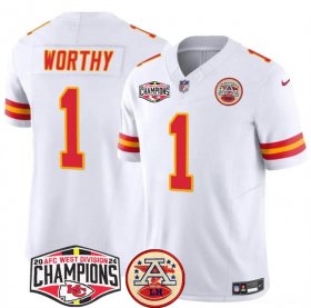 Cheap Men\'s Kansas City Chiefs #1 Xavier Worthy White F.U.S.E. 2024 AFC West Division Champions Vapor Limited Stitched Football Jersey