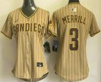 Women's San Diego Padres #3 Jackson Merrill Khaki Pinstripe Limited Stitched Jersey