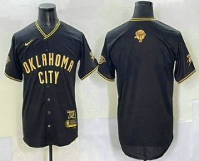 Cheap Men\'s Oklahoma City Thunder Blank Black Gold 2025 Finals Vapor Stitched Baseball Jersey