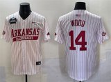 Cheap Men's Arkansas Razorbacks #14 Gage Wood White Pinstripe 2025 World Series & SEC Patch Stitched Jersey