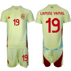 Men\'s Spain Team #19 Lamine Yamal 2024-25 Yellow Away Soccer Jersey Suit
