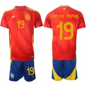 Men\'s Spain Team #19 Lamine Yamal 2024-25 Red Home Soccer Jersey Suit