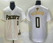 Cheap Men's Indiana Pacers #0 Tyrese Haliburton White Gold 2025 Finals Vapor Stitched Baseball Jersey
