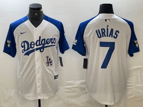 Cheap Men\'s Los Angeles Dodgers #7 Julio Urias White Blue Fashion Stitched Cool Base Limited Jerseys
