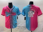 Men's New York Yankees Team Big Logo Pink Blue Limited Stitched Baseball Jersey Cheap Wholesale