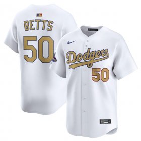 Men\'s Los Angeles Dodgers #50 Mookie Betts White 2025 Gold Collection Limited Stitched Baseball Jersey Cheap
