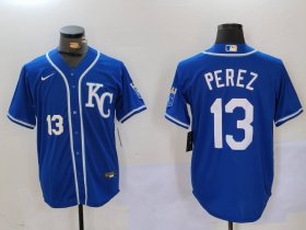 Cheap Men\'s Kansas City Royals #13 Salvador Perez Number Blue KC Cool Base Stitched Jersey